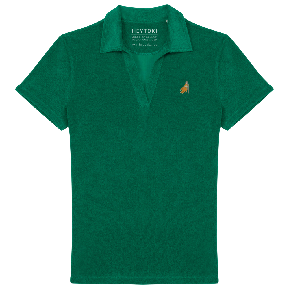 Heytoki Damen-Frottee-Poloshirt aus Bio-Baumwollmix in Malachite Green mit gesticktem Affenmotiv