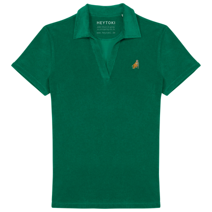Heytoki Damen-Frottee-Poloshirt aus Bio-Baumwollmix in Malachite Green mit gesticktem Affenmotiv