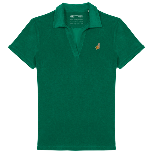 Heytoki Damen-Frottee-Poloshirt aus Bio-Baumwollmix in Malachite Green mit gesticktem Affenmotiv