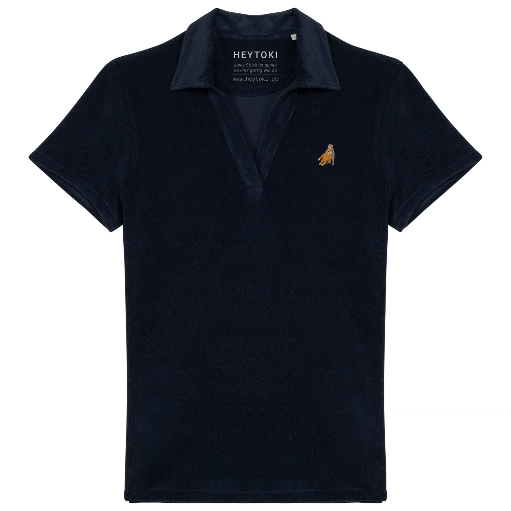 Heytoki Damen-Frottee-Poloshirt aus Bio-Baumwollmix in Navy Blue mit gesticktem Affenmotiv