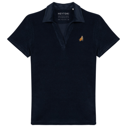 Heytoki Damen-Frottee-Poloshirt aus Bio-Baumwollmix in Navy Blue mit gesticktem Affenmotiv
