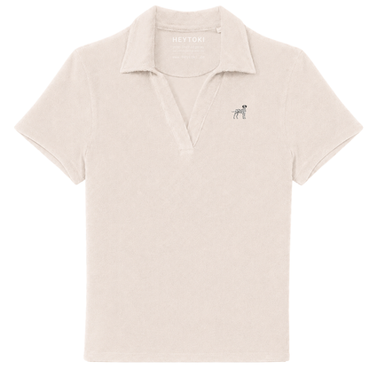 Heytoki Damen-Frottee-Poloshirt aus Bio-Baumwollmix in Ivory mit gesticktem Dalmatinermotiv