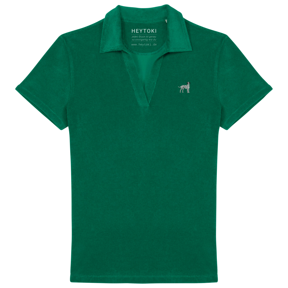 Heytoki Damen-Frottee-Poloshirt aus Bio-Baumwollmix in Malachite Green mit gesticktem Dalmatinermotiv