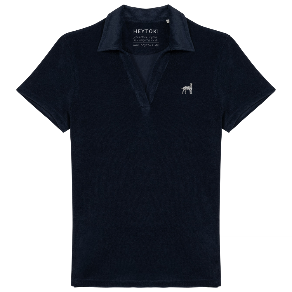 Heytoki Damen-Frottee-Poloshirt aus Bio-Baumwollmix in Navy Blue mit gesticktem Dalmatinermotiv