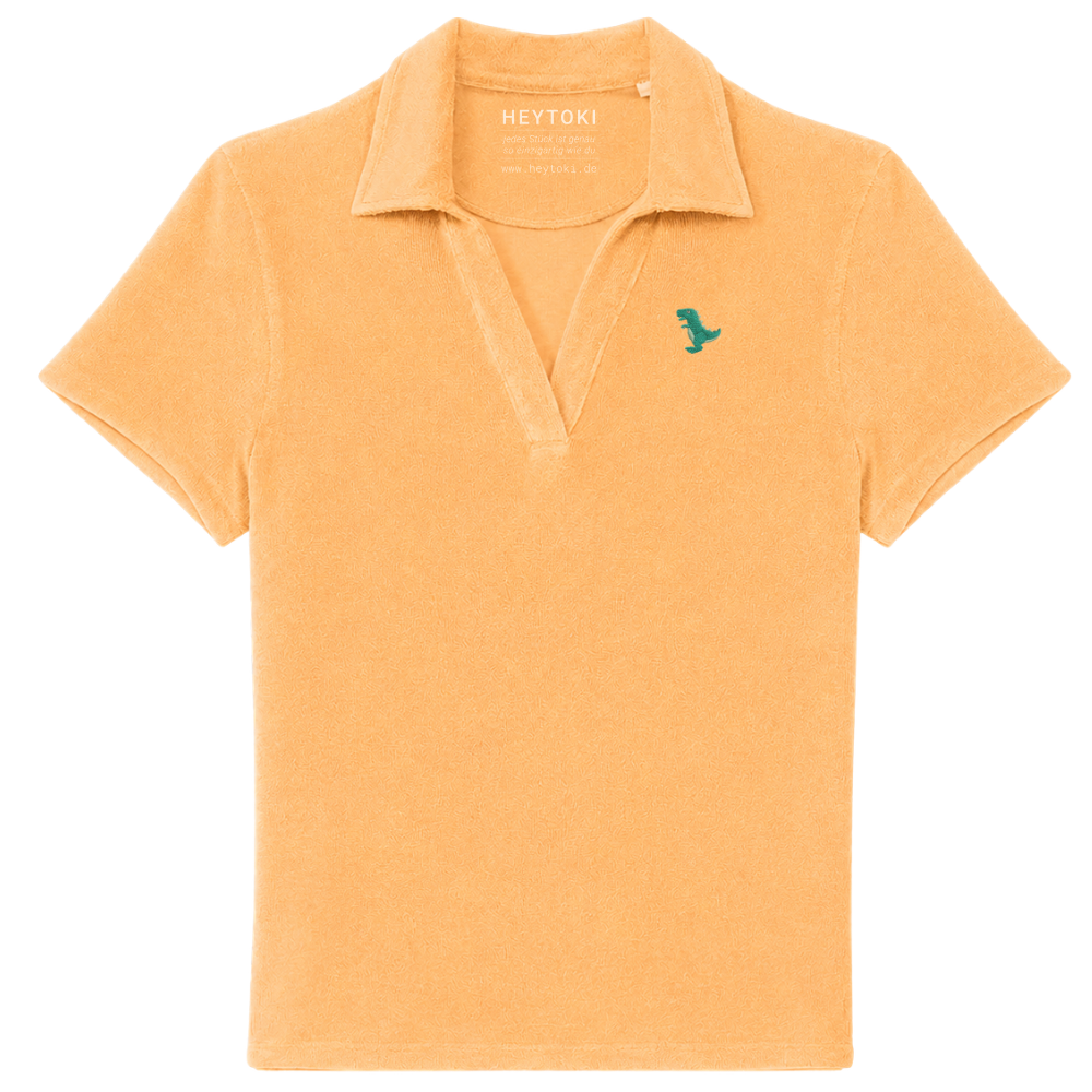 Heytoki Damen-Frottee-Poloshirt aus Bio-Baumwollmix in Apricot mit gesticktem Dinomotiv