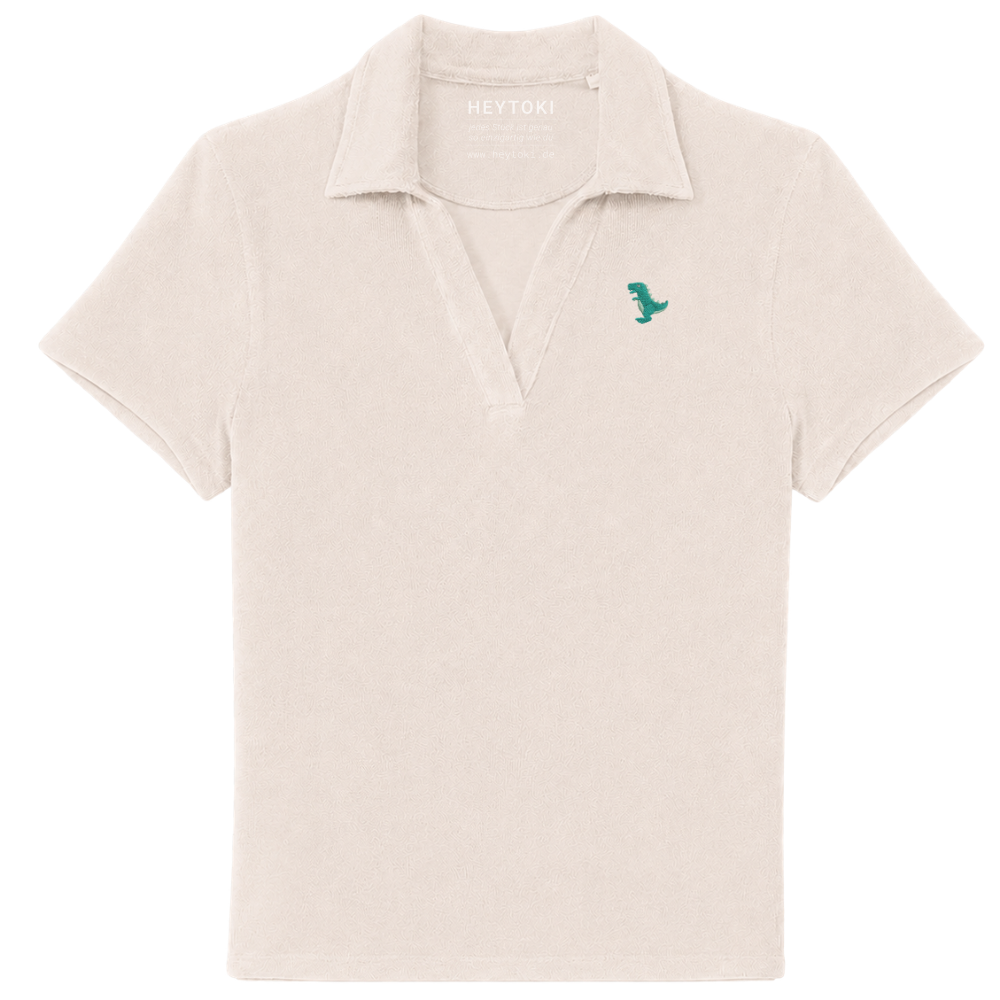 Heytoki Damen-Frottee-Poloshirt aus Bio-Baumwollmix in Ivory mit gesticktem Dinomotiv