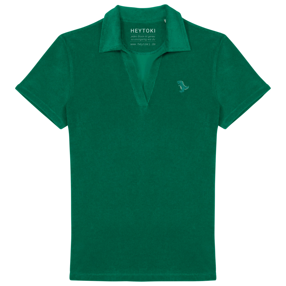 Heytoki Damen-Frottee-Poloshirt aus Bio-Baumwollmix in Malachite Green mit gesticktem Dinomotiv