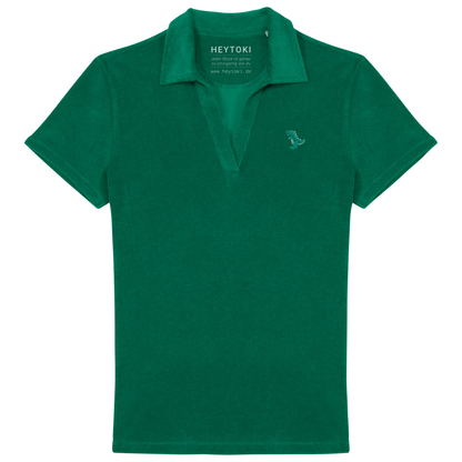 Heytoki Damen-Frottee-Poloshirt aus Bio-Baumwollmix in Malachite Green mit gesticktem Dinomotiv