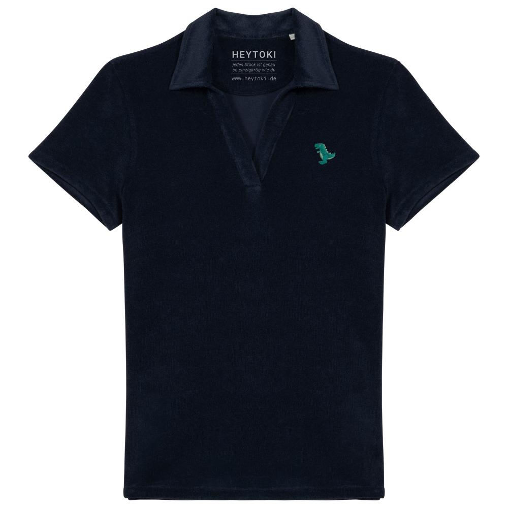 Heytoki Damen-Frottee-Poloshirt aus Bio-Baumwollmix in Navy Blue mit gesticktem Dinomotiv