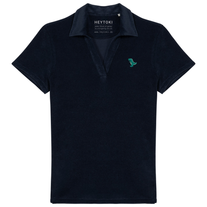 Heytoki Damen-Frottee-Poloshirt aus Bio-Baumwollmix in Navy Blue mit gesticktem Dinomotiv