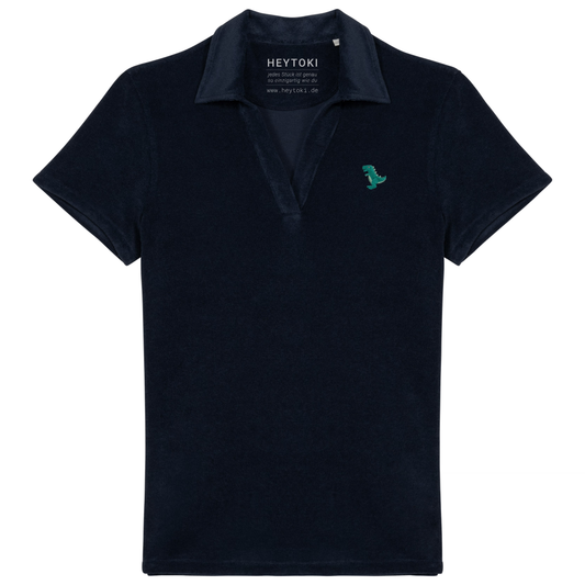 Heytoki Damen-Frottee-Poloshirt aus Bio-Baumwollmix in Navy Blue mit gesticktem Dinomotiv