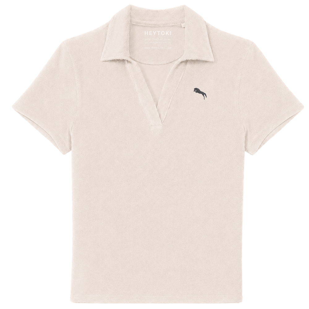 Heytoki Damen-Frottee-Poloshirt aus Bio-Baumwollmix in Ivory mit gesticktem Pferdemotiv