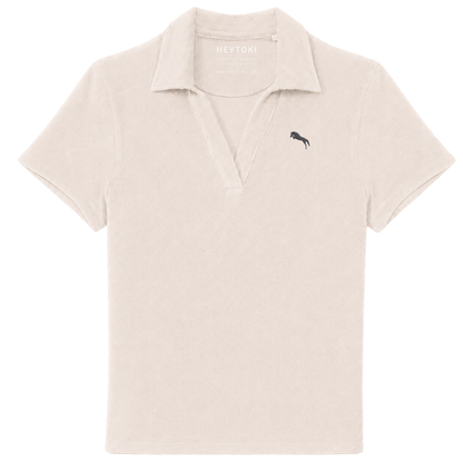 Heytoki Damen-Frottee-Poloshirt aus Bio-Baumwollmix in Ivory mit gesticktem Pferdemotiv