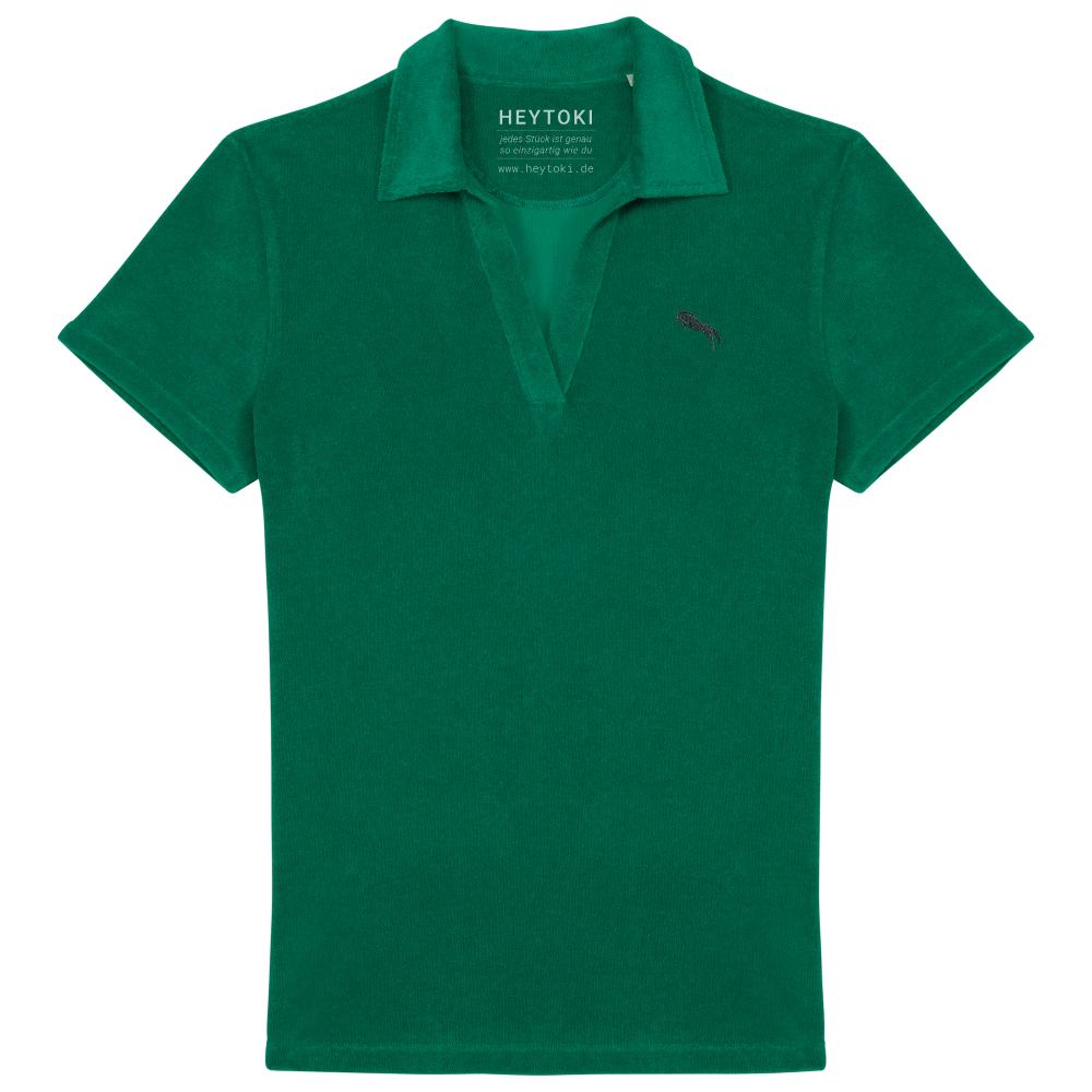 Heytoki Damen-Frottee-Poloshirt aus Bio-Baumwollmix in Malachite Green mit gesticktem Pferdemotiv
