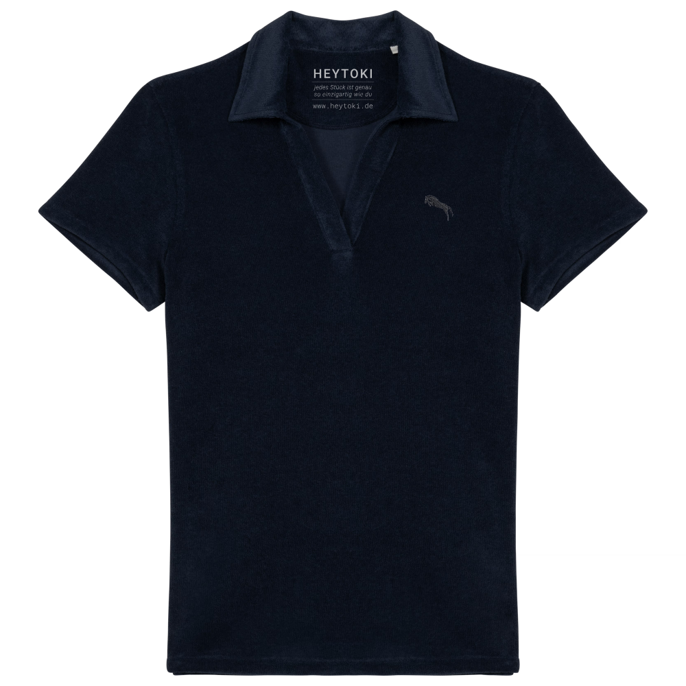Heytoki Damen-Frottee-Poloshirt aus Bio-Baumwollmix in Navy Blue mit gesticktem Pferdemotiv