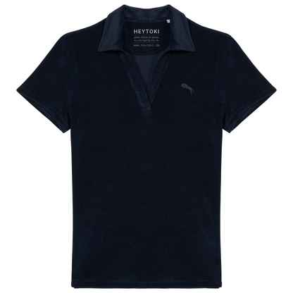 Heytoki Damen-Frottee-Poloshirt aus Bio-Baumwollmix in Navy Blue mit gesticktem Pferdemotiv
