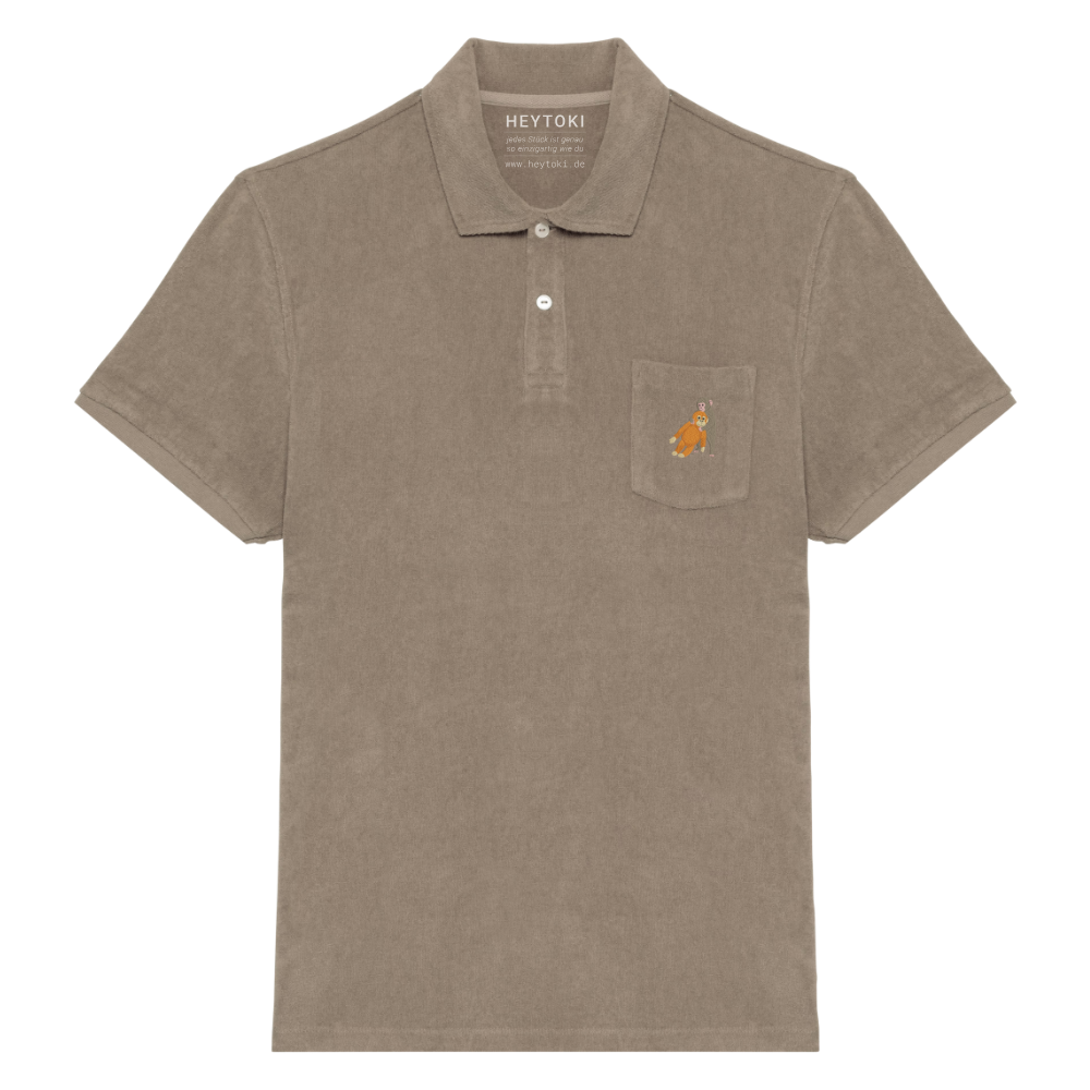 Heytoki Herren-Frottee-Poloshirt in Cream Coffee mit gesticktem Affenmotiv