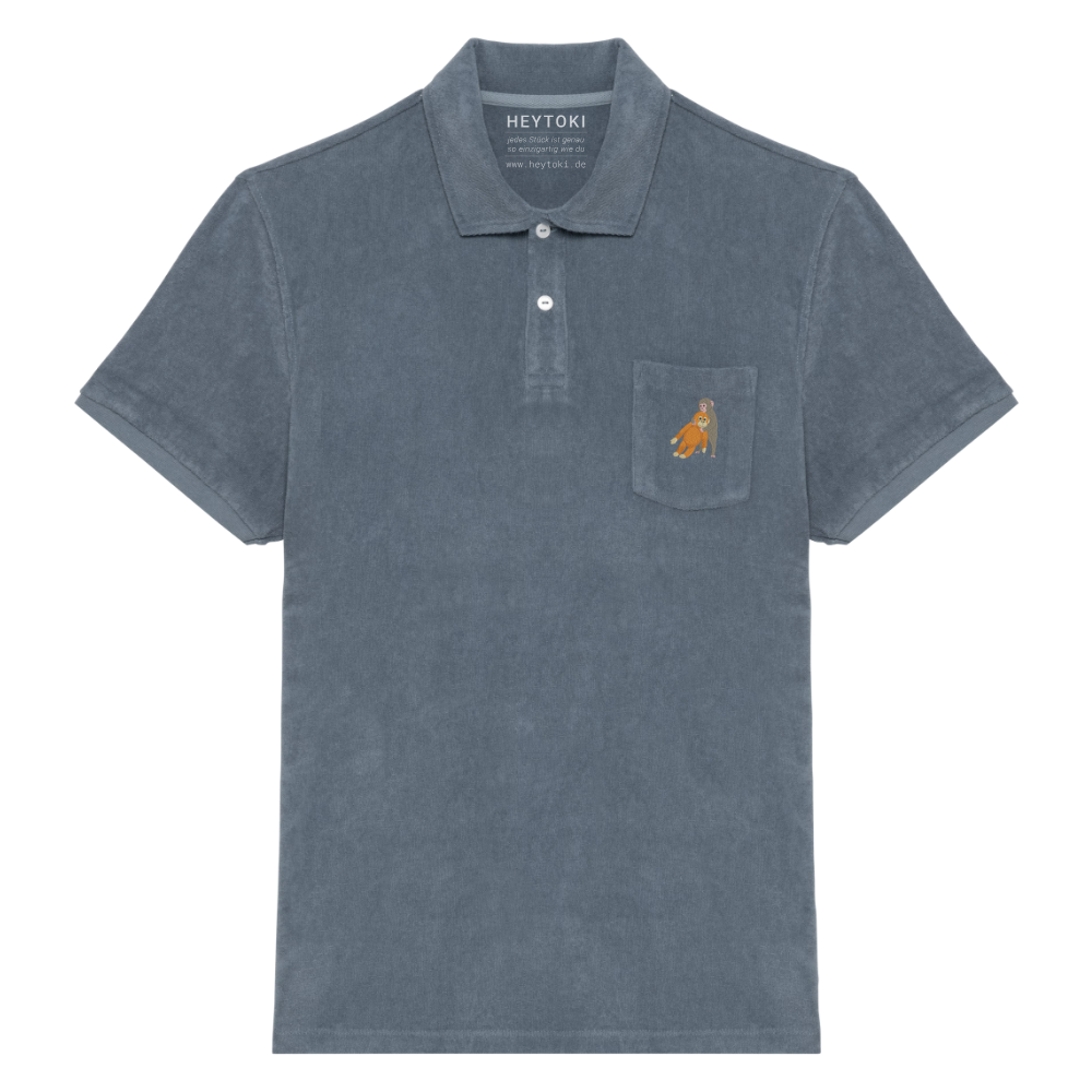 Heytoki Herren-Frottee-Poloshirt in Mineral Grey mit gesticktem Affenmotiv