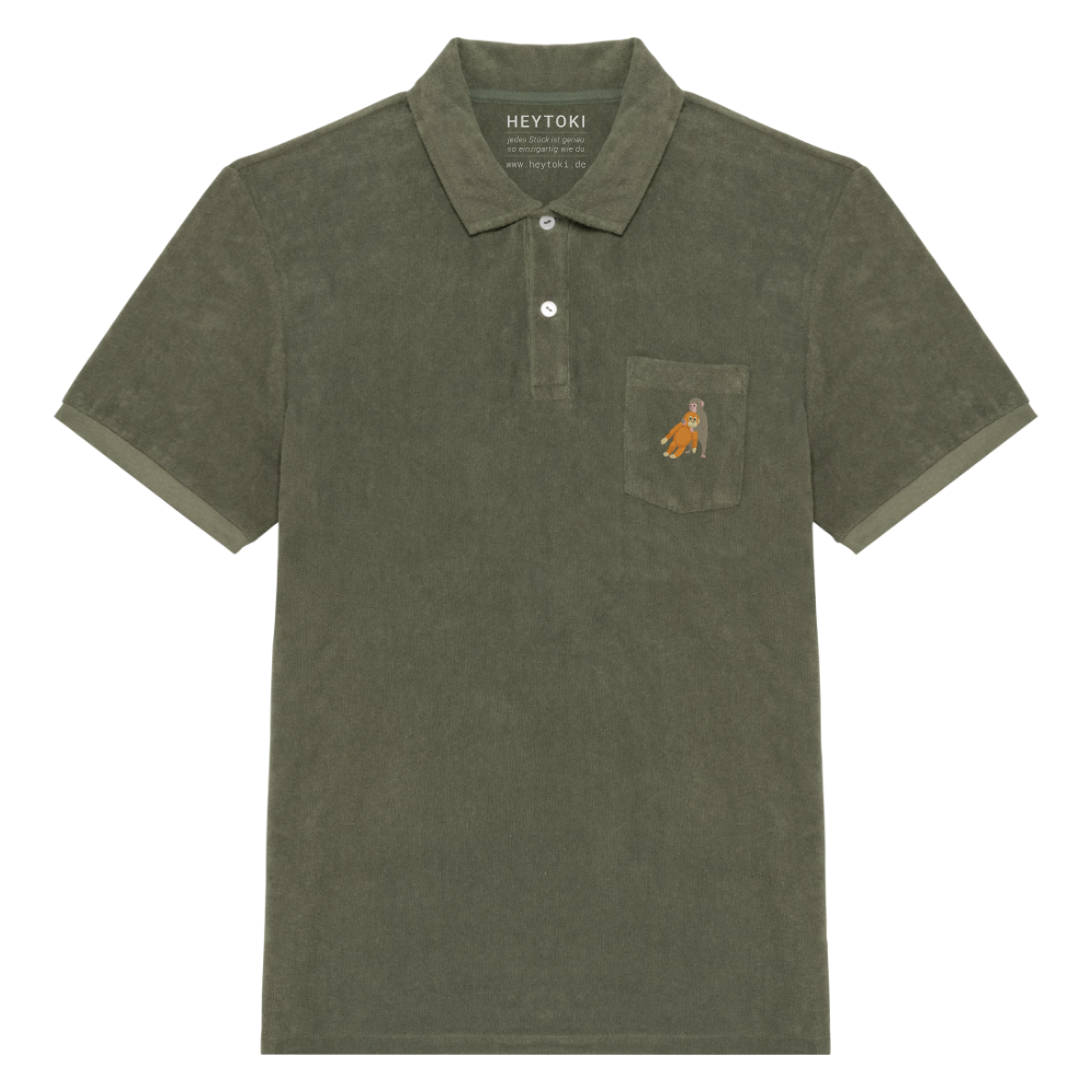 Heytoki Herren-Frottee-Poloshirt in Organic Khaki mit gesticktem Affenmotiv