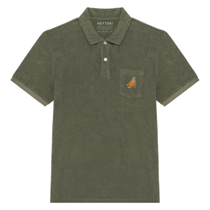 Heytoki Herren-Frottee-Poloshirt in Organic Khaki mit gesticktem Affenmotiv