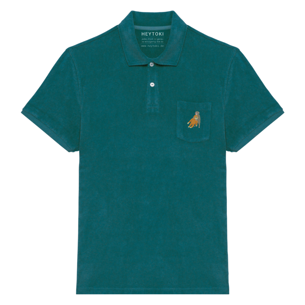 Heytoki Herren-Frottee-Poloshirt in Peacock Green mit gesticktem Affenmotiv