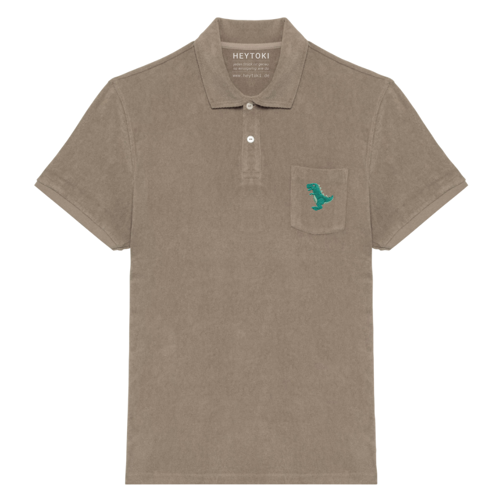 Heytoki Herren-Frottee-Poloshirt in Cream Coffee mit gesticktem Dinomotiv