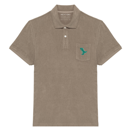 Heytoki Herren-Frottee-Poloshirt in Cream Coffee mit gesticktem Dinomotiv