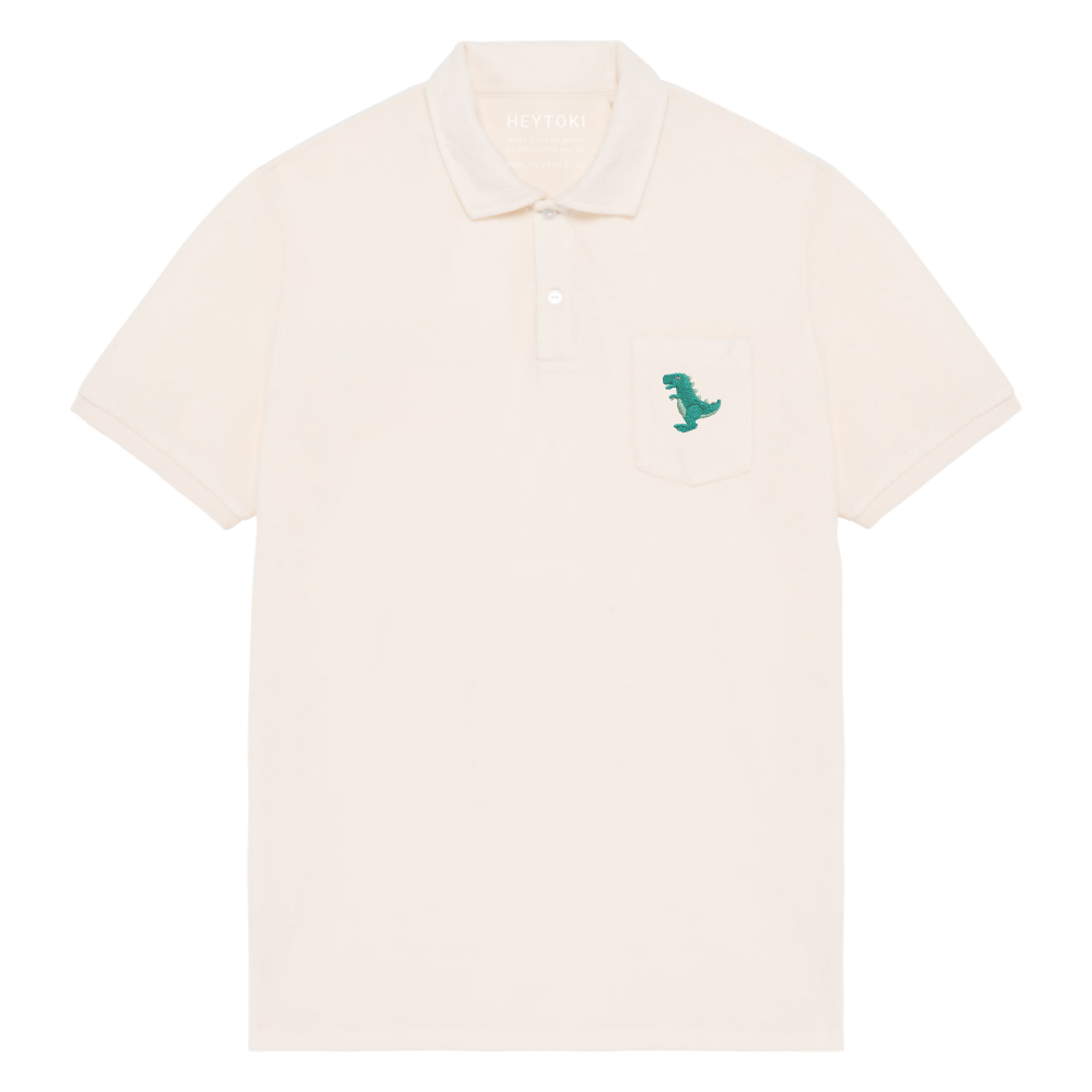 Heytoki Herren-Frottee-Poloshirt in Ivory mit gesticktem Dinomotiv