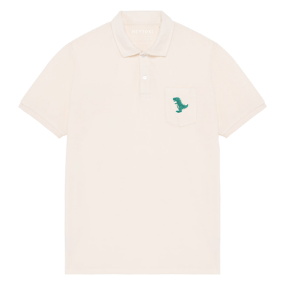 Heytoki Herren-Frottee-Poloshirt in Ivory mit gesticktem Dinomotiv