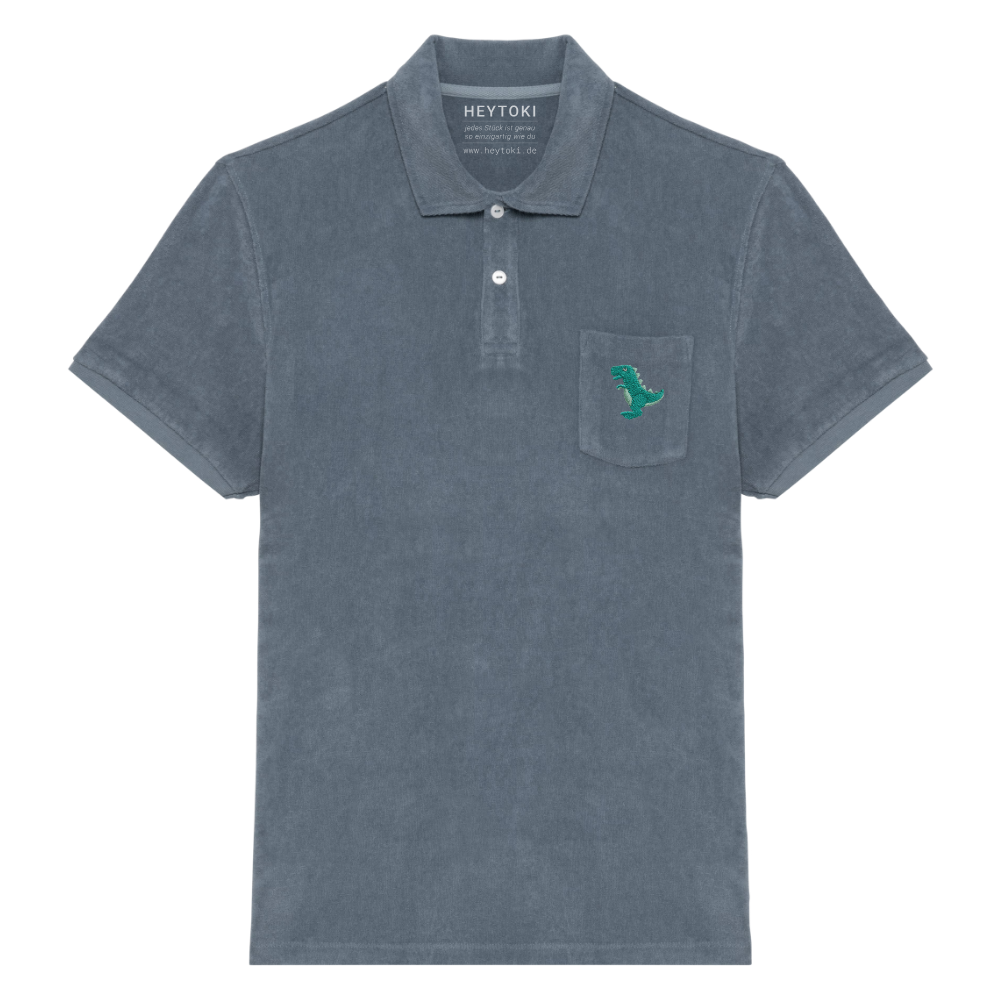 Heytoki Herren-Frottee-Poloshirt in Mineral Grey mit gesticktem Dinomotiv