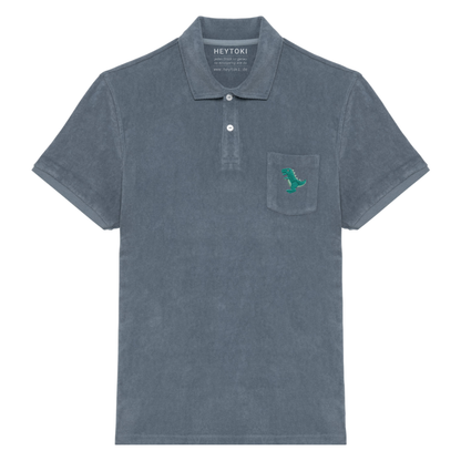 Heytoki Herren-Frottee-Poloshirt in Mineral Grey mit gesticktem Dinomotiv