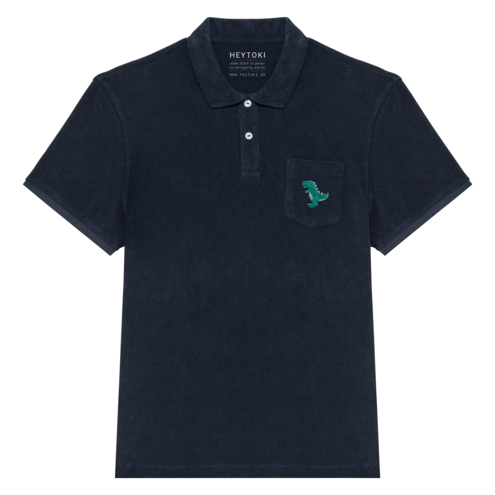 Heytoki Herren-Frottee-Poloshirt in Navy Blue mit gesticktem Dinomotiv