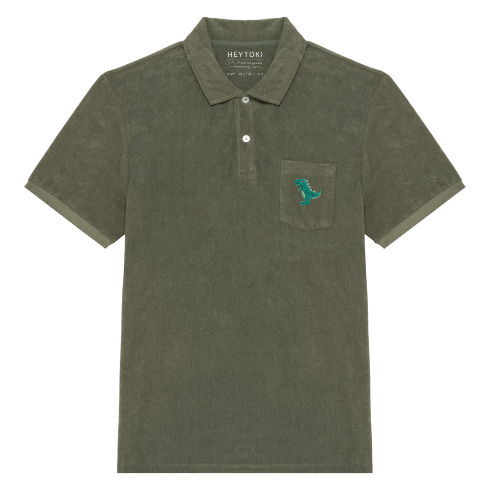 Heytoki Herren-Frottee-Poloshirt in Organic Khaki mit gesticktem Dinomotiv