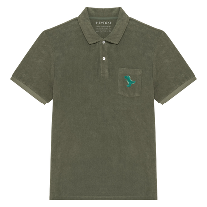 Heytoki Herren-Frottee-Poloshirt in Organic Khaki mit gesticktem Dinomotiv