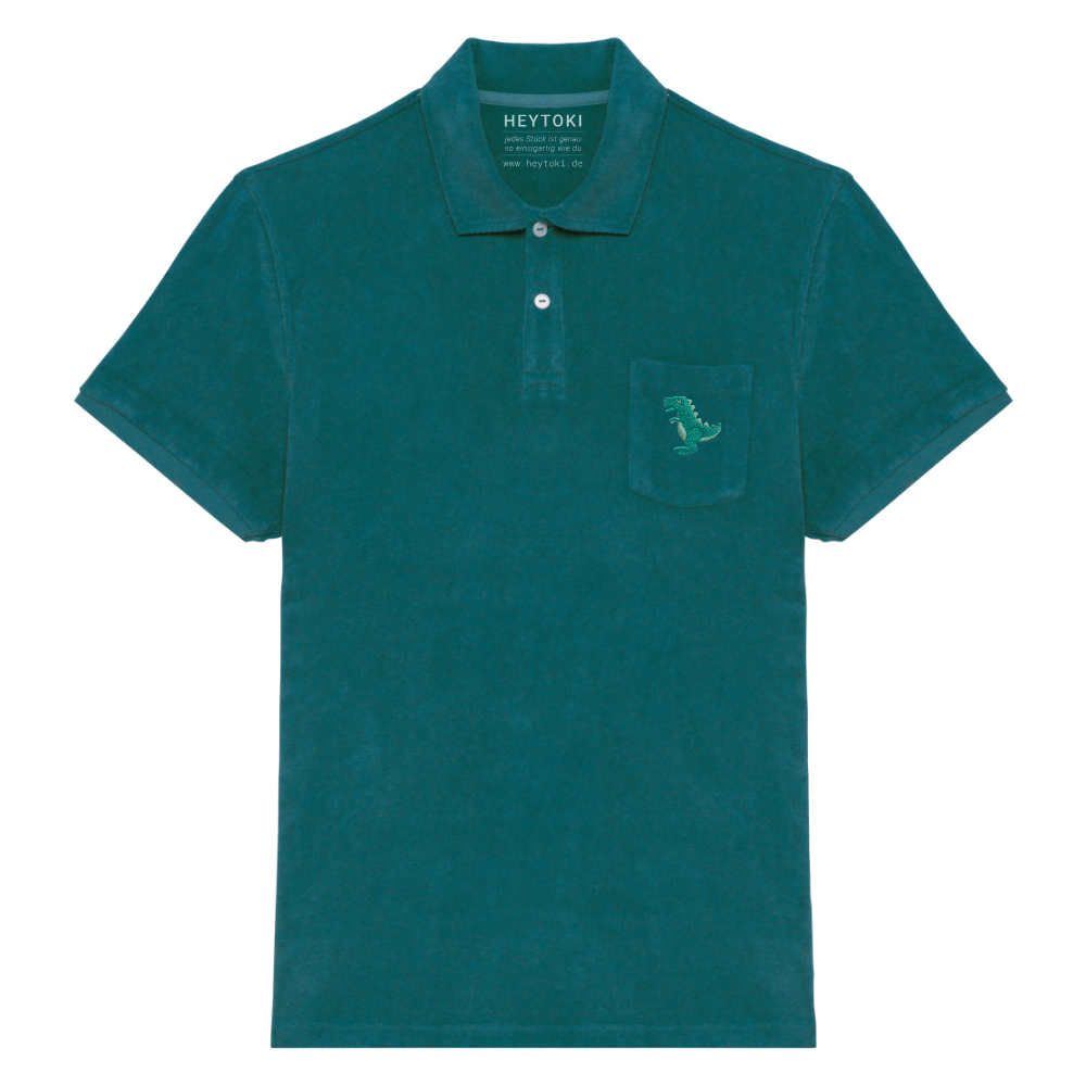 Heytoki Herren-Frottee-Poloshirt in Peacock Green mit gesticktem Dinomotiv
