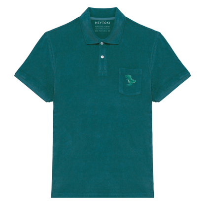 Heytoki Herren-Frottee-Poloshirt in Peacock Green mit gesticktem Dinomotiv