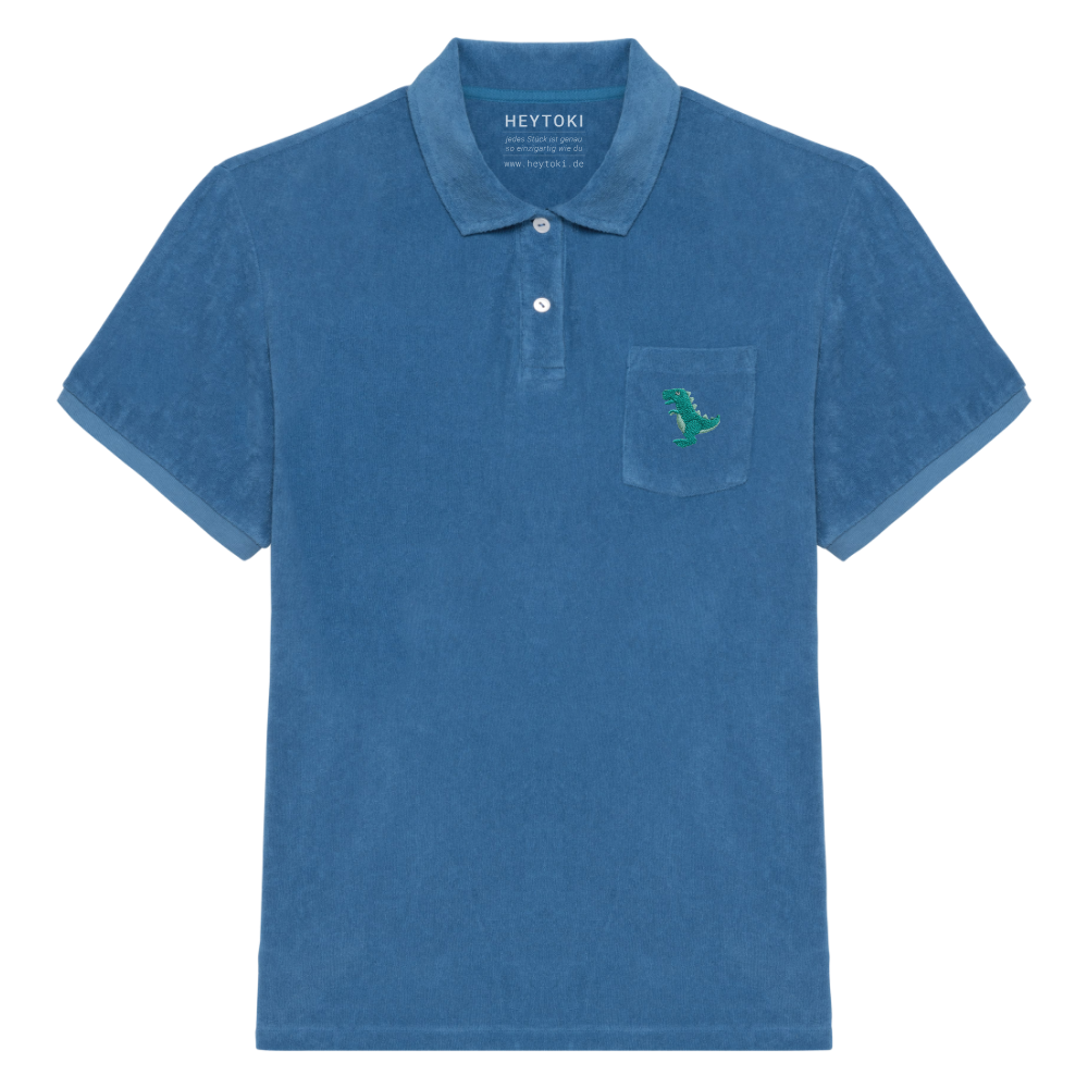 Heytoki Herren-Frottee-Poloshirt in Riviera Blue mit gesticktem Dinomotiv