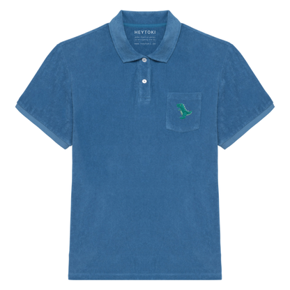 Heytoki Herren-Frottee-Poloshirt in Riviera Blue mit gesticktem Dinomotiv