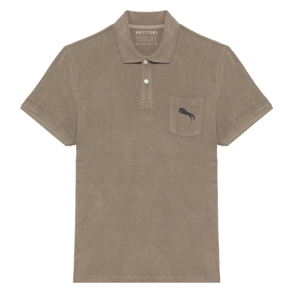 Heytoki Herren-Frottee-Poloshirt in Cream Coffee mit gesticktem Pferdemotiv