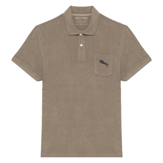 Heytoki Herren-Frottee-Poloshirt in Cream Coffee mit gesticktem Pferdemotiv