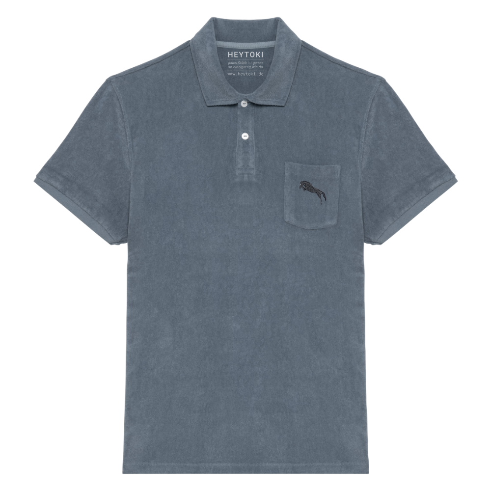 Heytoki Herren-Frottee-Poloshirt in Mineral Grey mit gesticktem Pferdemotiv
