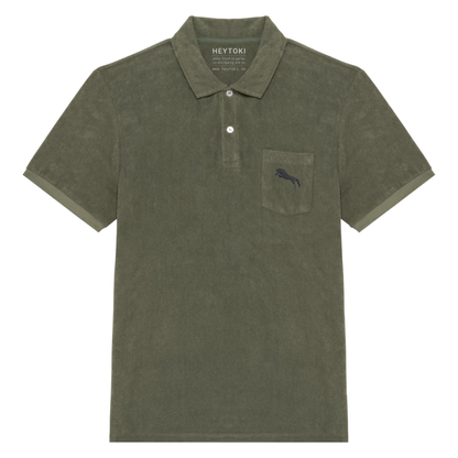 Heytoki Herren-Frottee-Poloshirt in Organic Khaki mit gesticktem Pferdemotiv