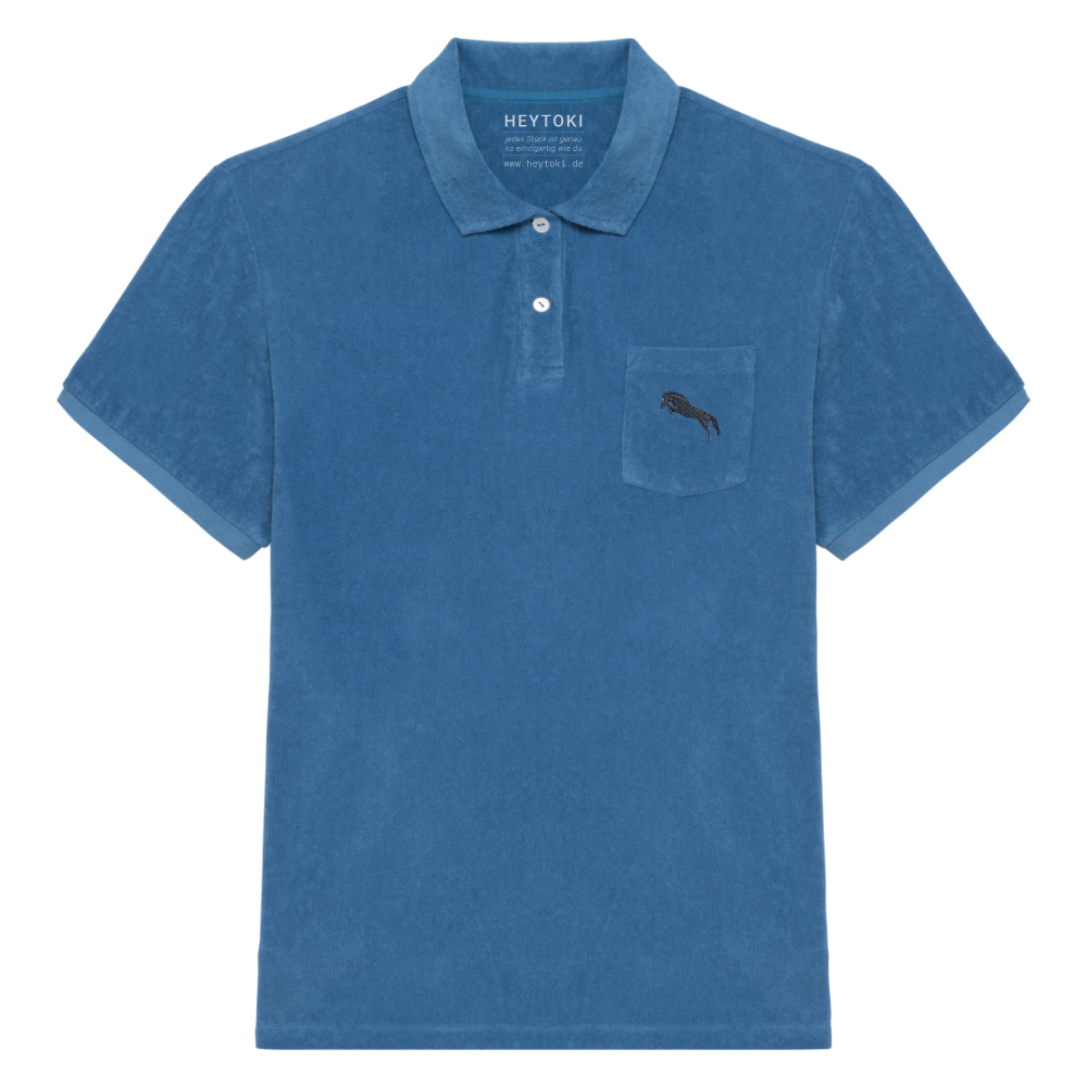 Heytoki Herren-Frottee-Poloshirt in Riviera Blue mit gesticktem Pferdemotiv