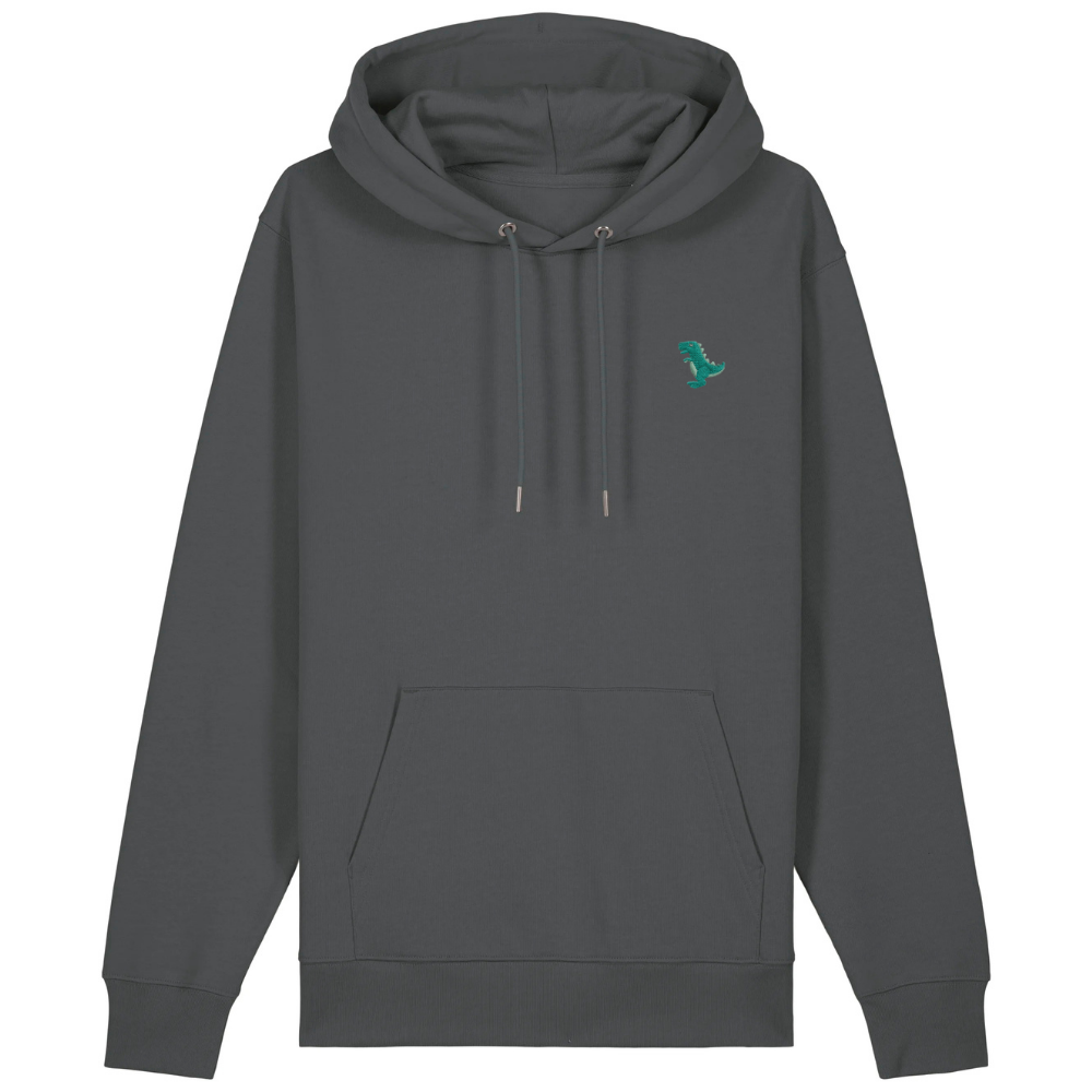 Heytoki Unisex-/Herren-Hoodie aus Bio- und recycelter Baumwolle in Anthrazit mit gesticktem Dinomotiv