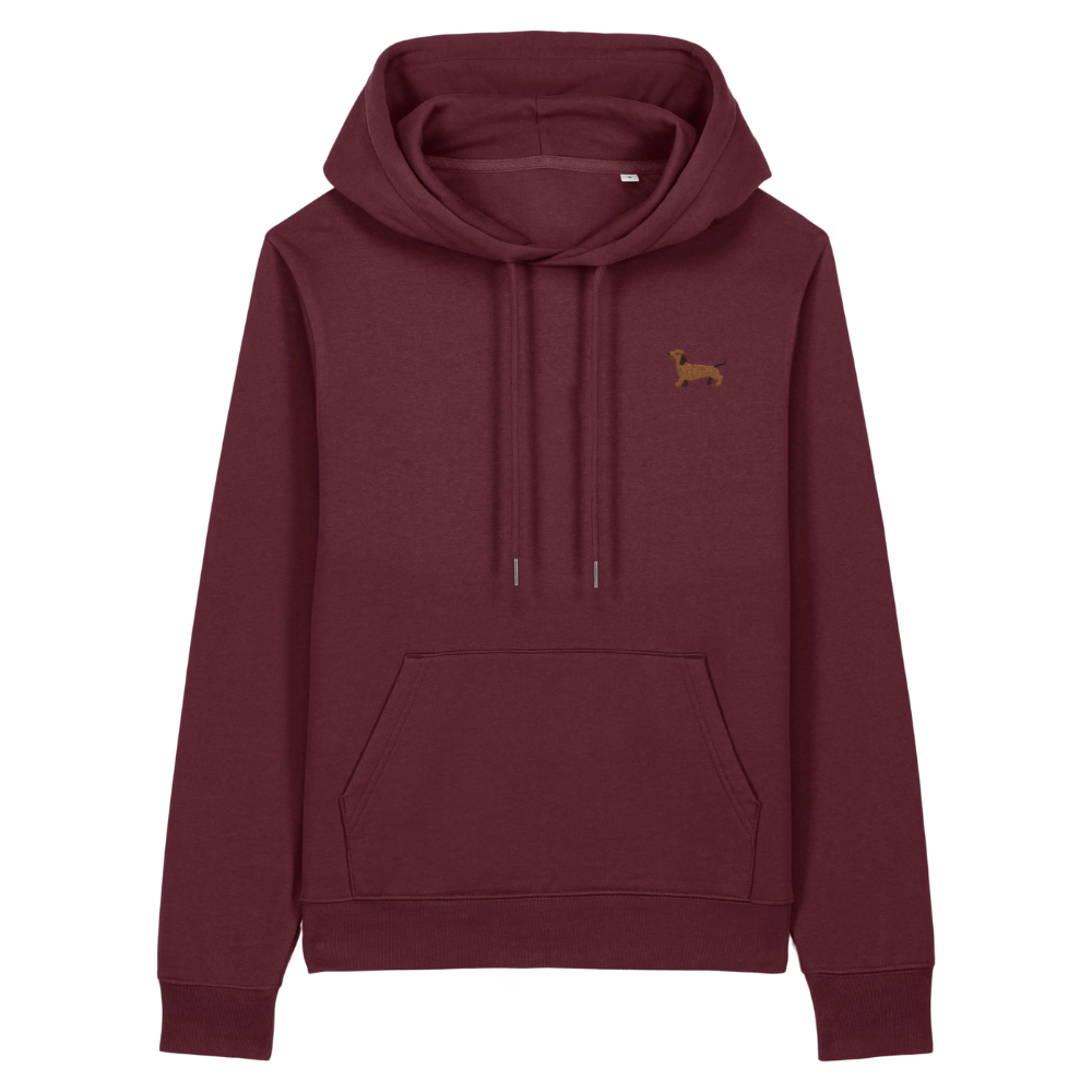 Heytoki Damen-Hoodie aus Bio-Baumwolle in Burgunderrot mit gesticktem Dackel-Motiv