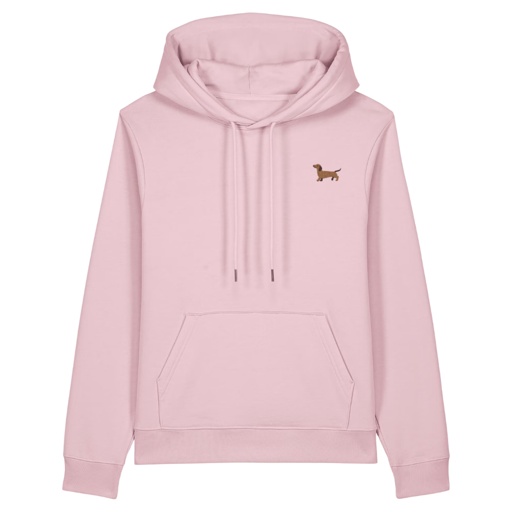 Heytoki Damen-Hoodie aus Bio-Baumwolle in Cotton Pink (Rosa) mit gesticktem Dackel-Motiv

