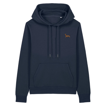 Heytoki Damen-Hoodie aus Bio-Baumwolle in French Navy (Dunkelblau) mit gesticktem Dackel-Motiv