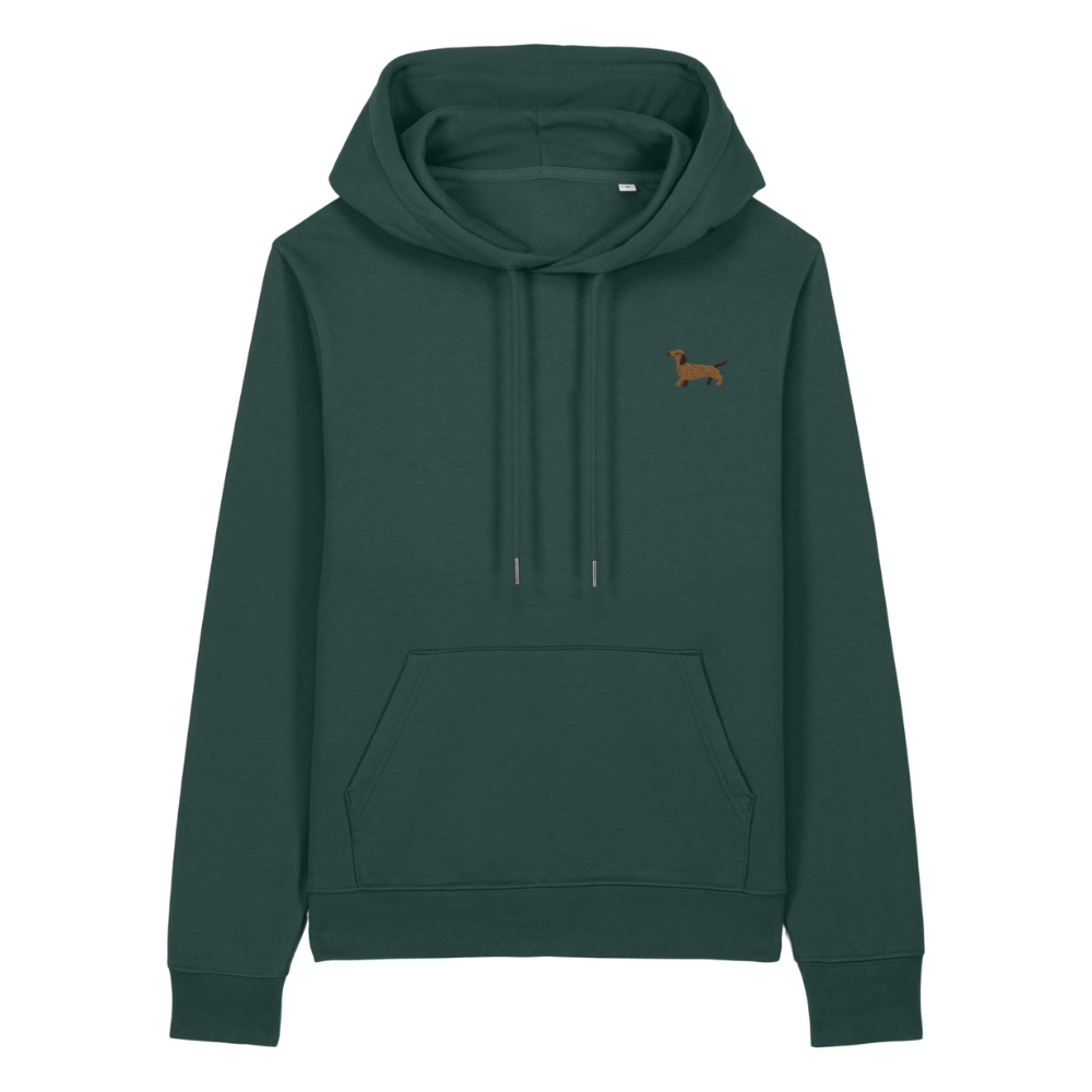 Heytoki Damen-Hoodie aus Bio-Baumwolle in Glazed Green (Dunkelgrün) mit gesticktem Dackel-Motiv
