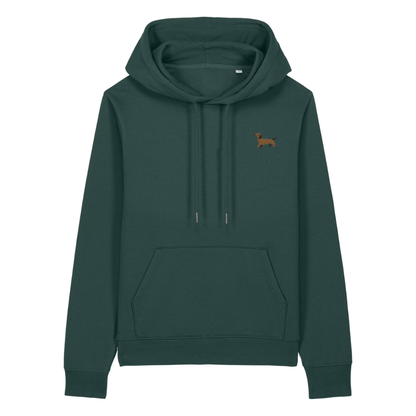 Heytoki Damen-Hoodie aus Bio-Baumwolle in Glazed Green (Dunkelgrün) mit gesticktem Dackel-Motiv
