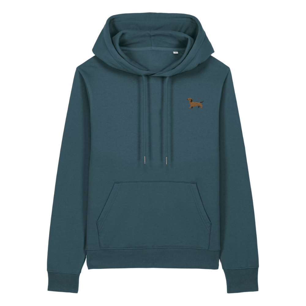 Heytoki Damen-Hoodie aus Bio-Baumwolle in Stargazer (Petrolblau) mit gesticktem Dackel-Motiv
